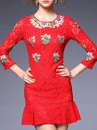 Shein Red Applique Pouf Frill Lace Dress