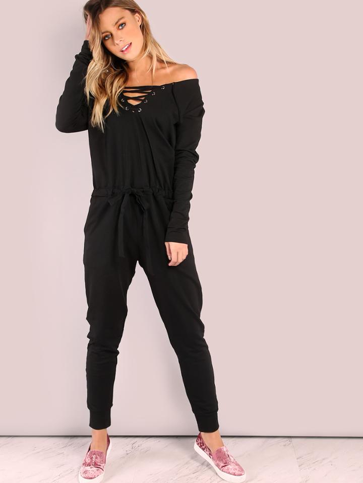 Shein Bardot Grommet Lace Up Drawstring Waist Jumpsuit