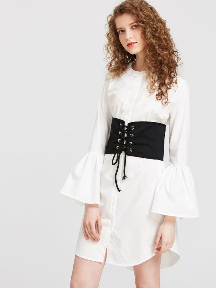 Shein Bell Sleeve Shirt Dress With Obi Detail