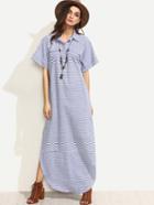 Shein Blue Striped Turndown Collar Short Sleeve Split Maxi Dress