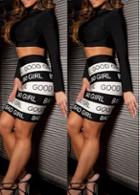 Rosewe Long Sleeve Crop Top And Letter Print Skirt
