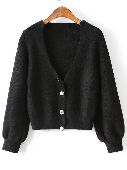 Shein Black Button Lantern Sleeve Cardigan