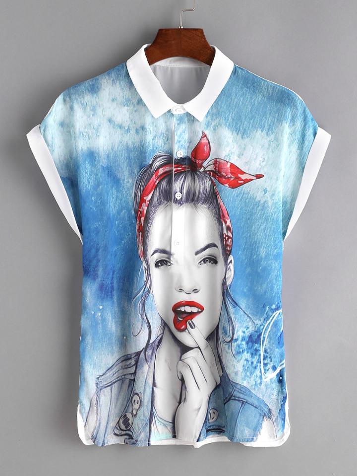 Shein Girl Print Polo Neck Cuffed Blouse