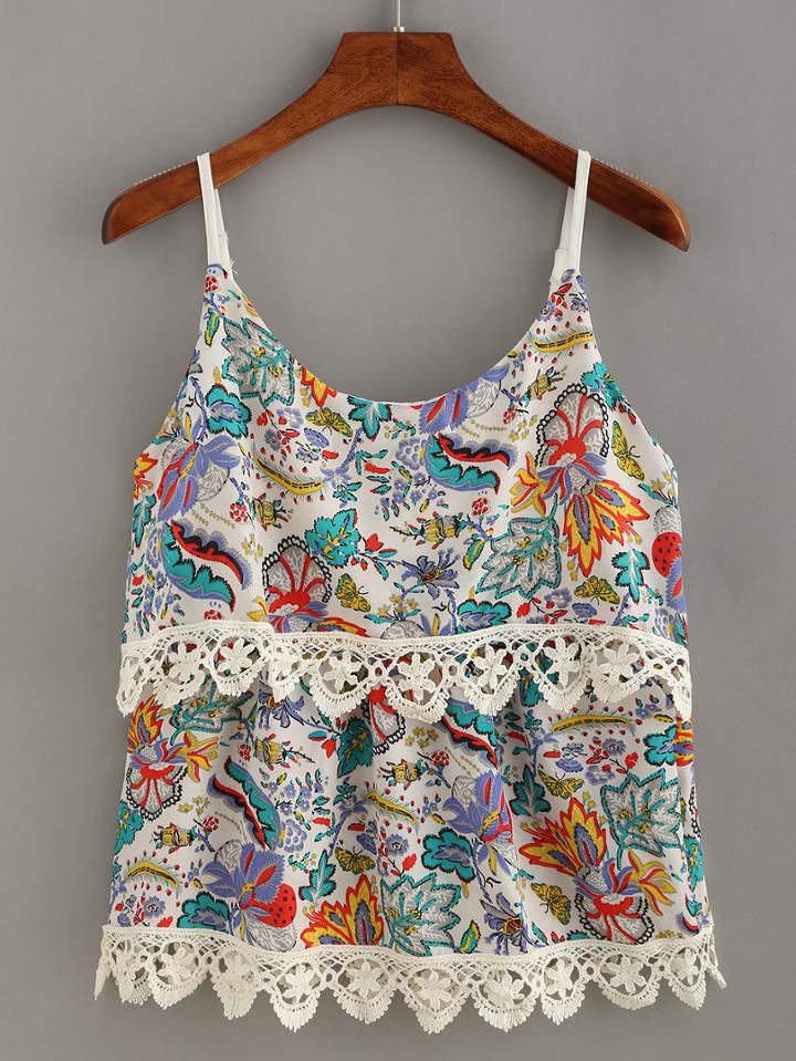 Shein Spaghetti Strap Florals Contrast Lace Chiffon Cami Top