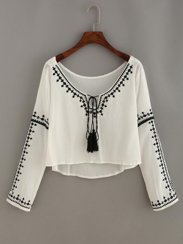 Shein Embroidery Tassel-tie Neck High Low Blouse