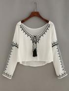 Shein Embroidery Tassel-tie Neck High Low Blouse