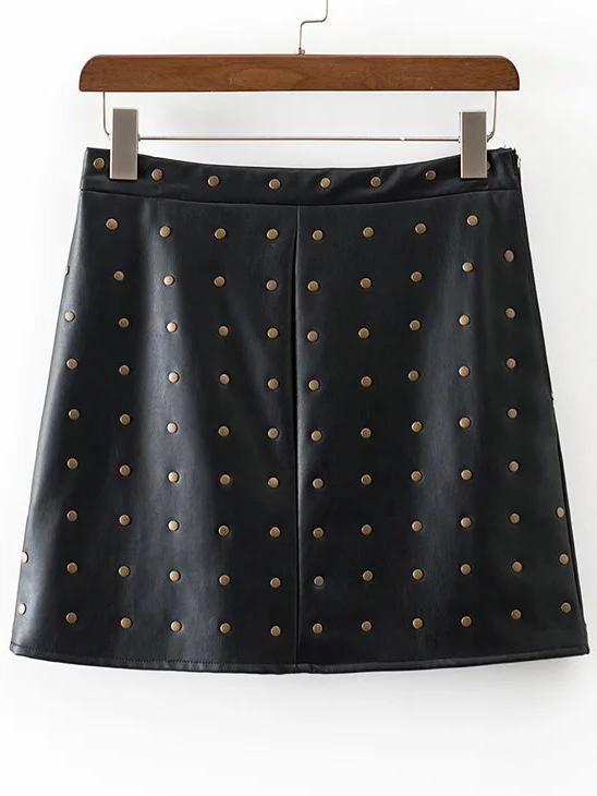 Shein Black Studded Embellished Pu A Line Skirt