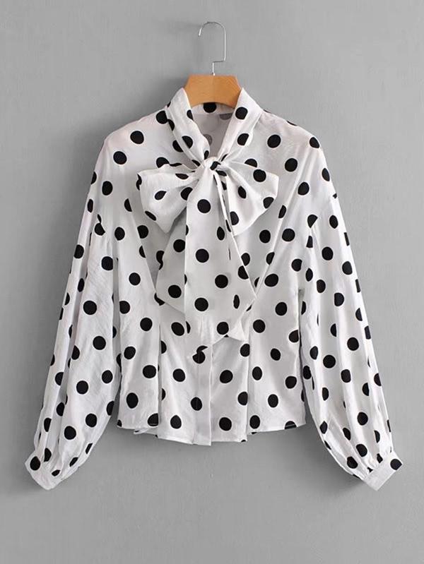 Shein Tie Neck Polka Dot Blouse