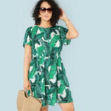 Shein Plus Jungle Leaf Print Elastic Waist Dress