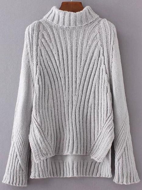 Shein Grey Turtleneck Side Slit Dip Hem Sweater