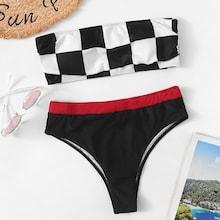 Shein Random Checker Bandeau With Contrast Trim Bikini Set