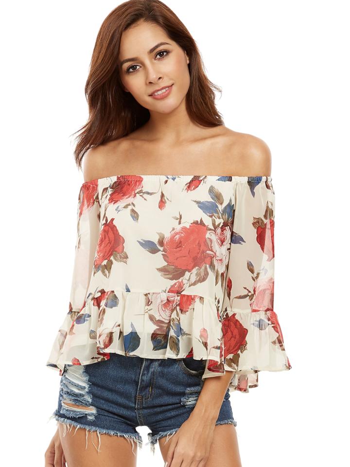 Shein Calico Print Trumpet Sleeve Bardot Blouse