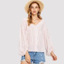 Shein Knot Neck Lantern Sleeve Striped Top