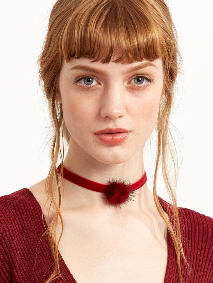 Shein Red Velvet Pom Pom Choker Necklace