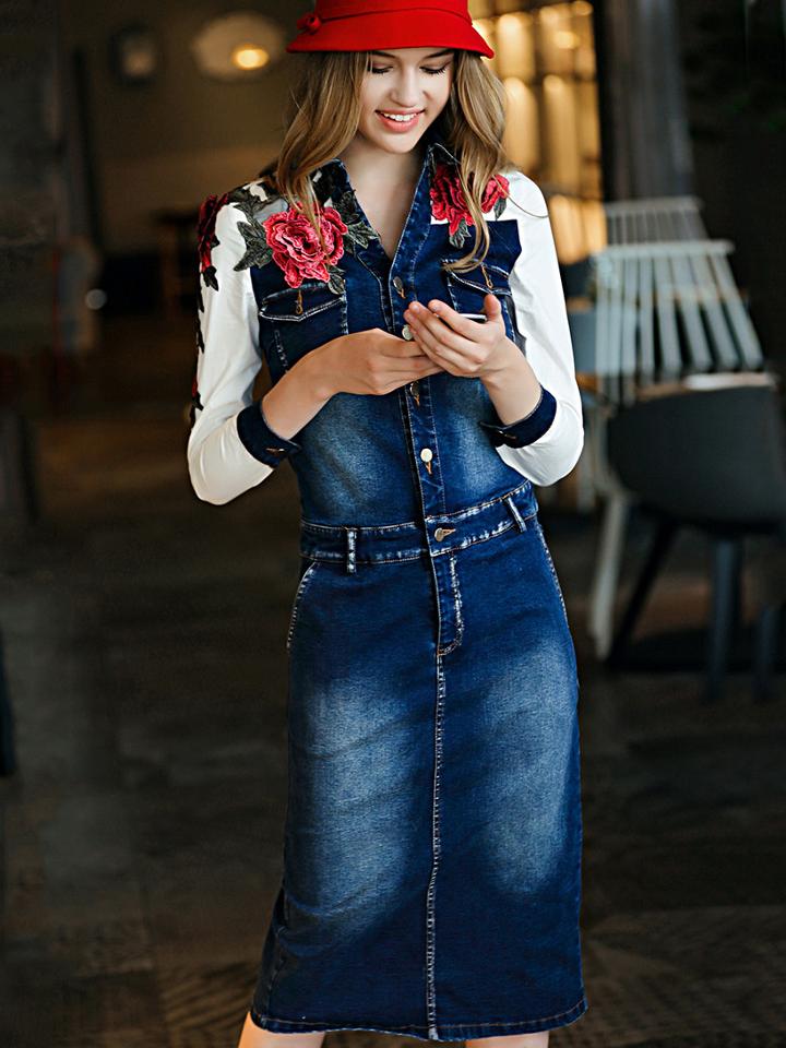 Shein Blue Lapel Long Sleeve Embroidered Denim Dress