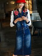 Shein Blue Lapel Long Sleeve Embroidered Denim Dress