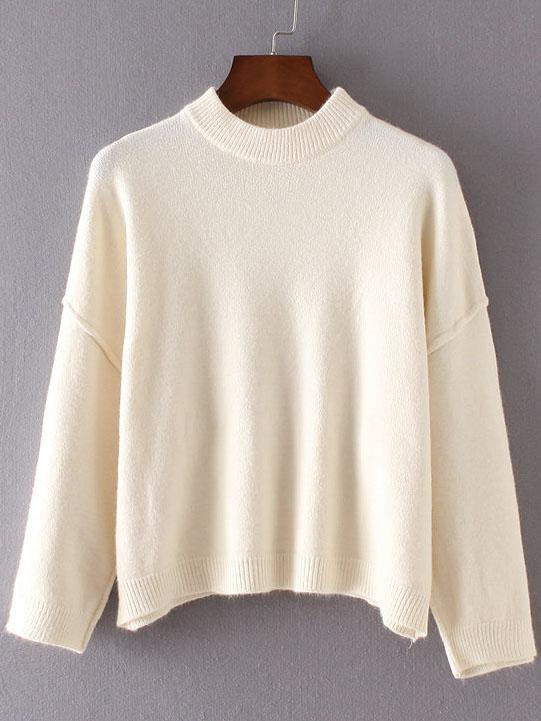 Shein White Crew Neck Ribbed Trim Drop Shoulder Sweater