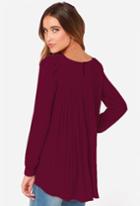 Shein Wine Red Long Sleeve Pleated Back Blouse