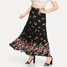 Shein Plus Wide Waistband Floral Ruffle Hem Skirt