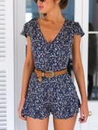 Shein Blue V Neck Florals Ruffle Hem Romper