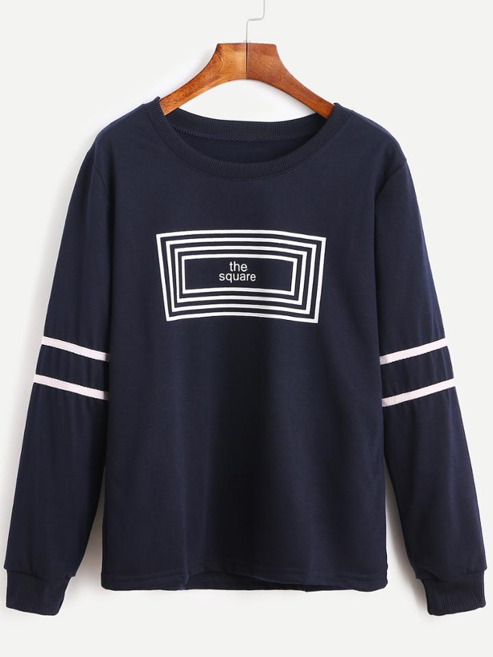 Shein Navy Striped Letter Print Sweatshirt