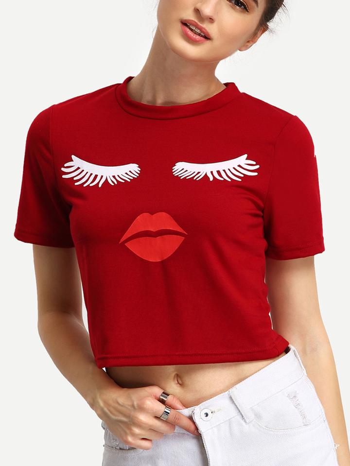 Shein Red Eyes Print Crop T-shirt