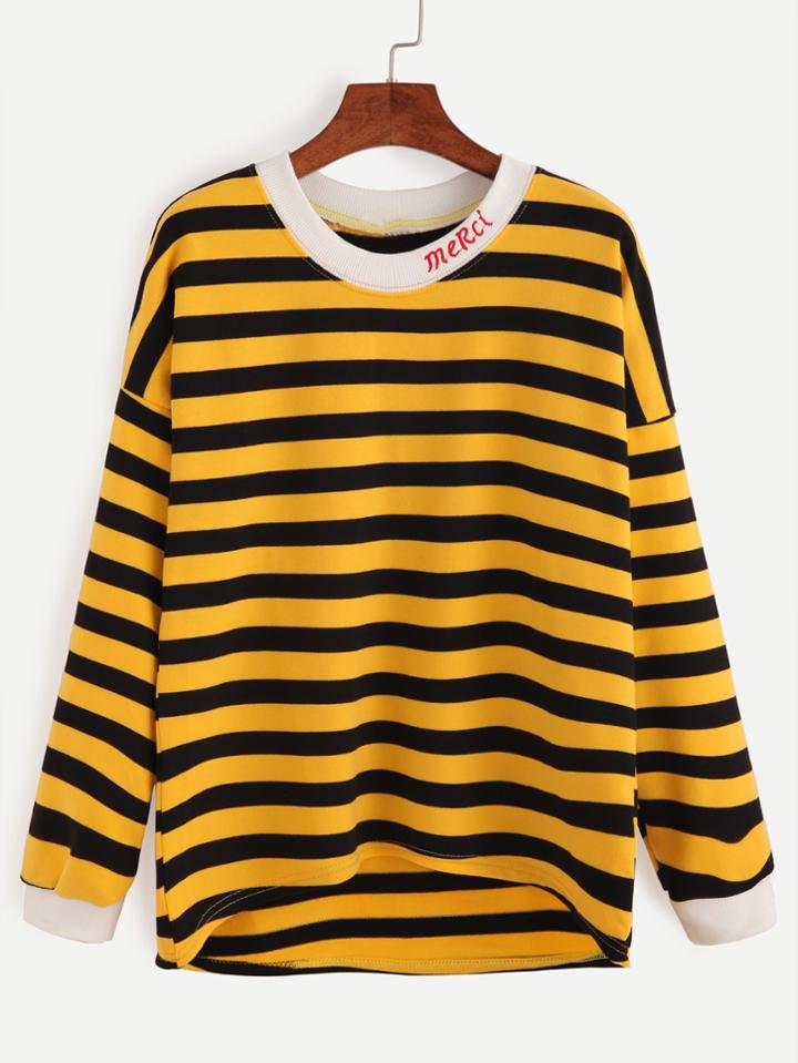 Shein Contrast Trim Striped Dip Hem Sweatshirt
