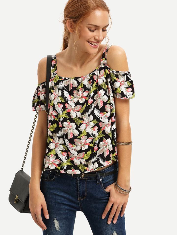 Shein Multicolor Floral Cold Shoulder Blouse