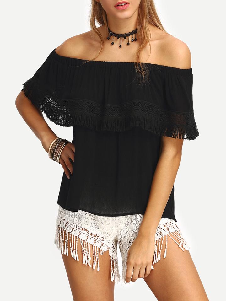 Shein Eyelash Lace Trimmed Off-the-shoulder Black Blouse