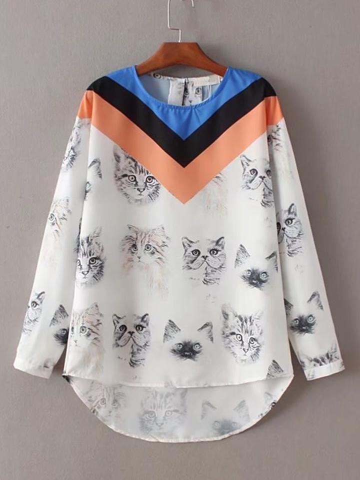 Shein Cat Print High Low Top