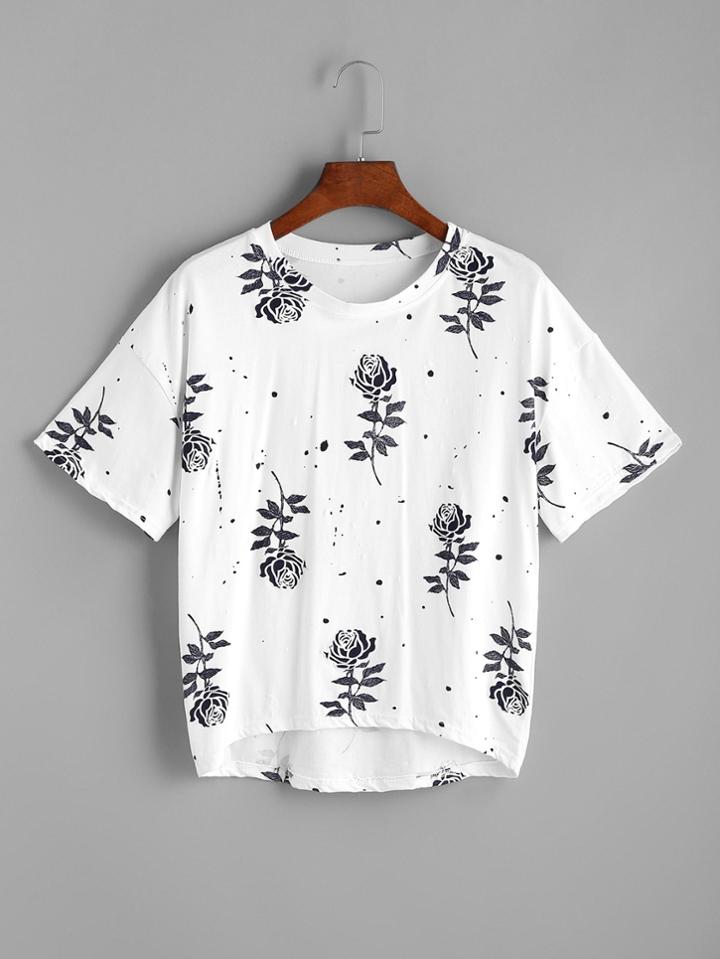 Shein Rose Print Dip Hem Tee