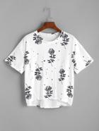 Shein Rose Print Dip Hem Tee