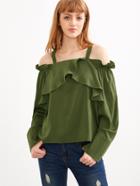 Shein Olive Green Cold Shoulder Ruffle Top