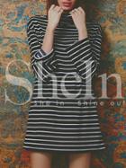 Shein Black White Long Sleeve Chambray Stripy Fringes Stria Mock Neck Allure Decent Striped Dress