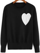 Shein Black Round Neck Heart Pattern Knit Sweater