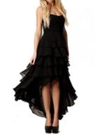 Rosewe Elegant Solid Black Ruffle Decorated High Low Dress