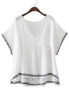 Shein White V Neck Embroidery Trim Batwing Sleeve Blouse