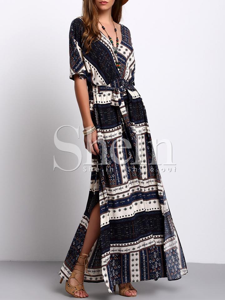 Shein Navy Split Tie-waist Vintage Print Maxi Dress