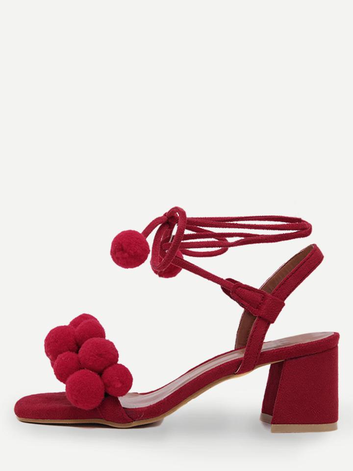 Shein Red Open Toe Pompom Chunky Pumps