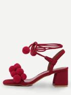 Shein Red Open Toe Pompom Chunky Pumps