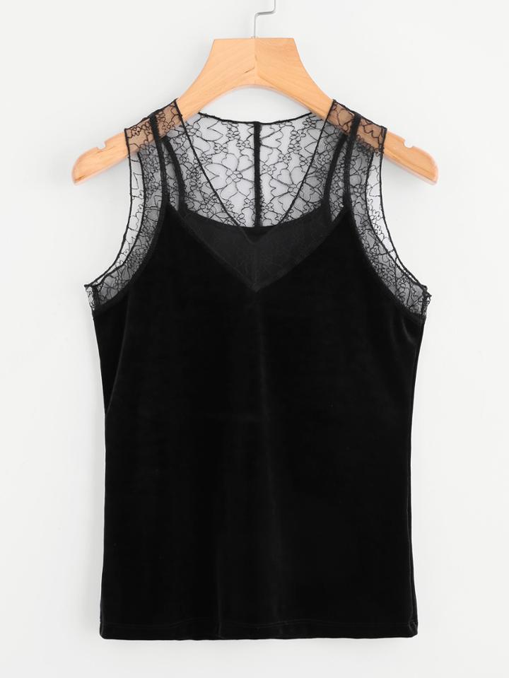 Shein Floral Mesh Trim Velvet Tank Top