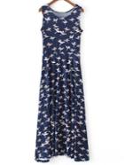Shein Navy Sleeveless Bird Printed Pleated Midi Dress