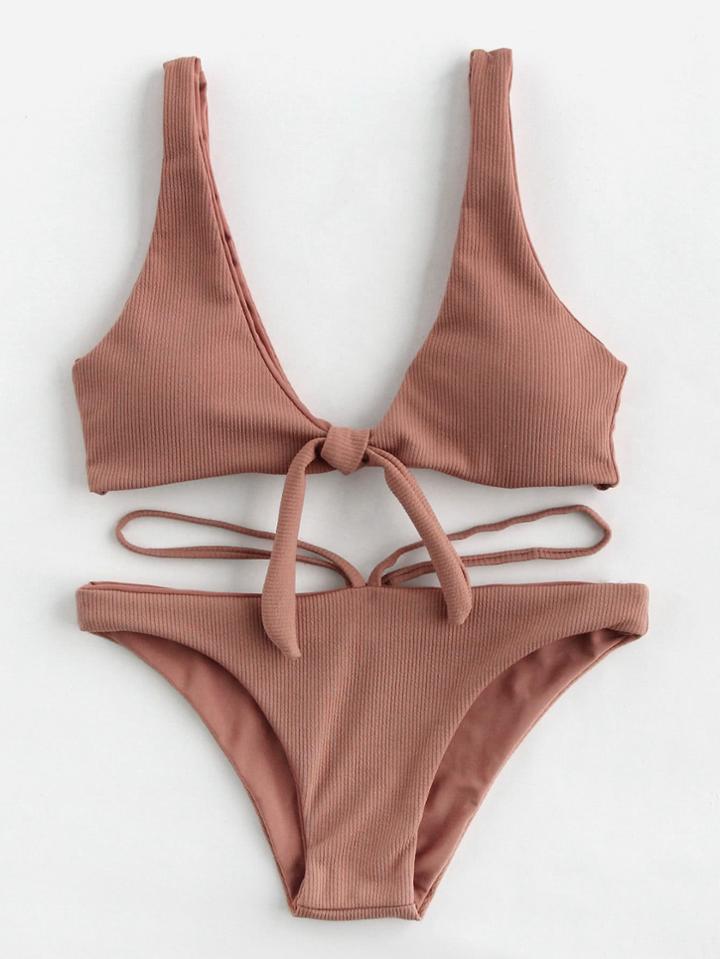 Shein Double Deep Plunge Bow Detail Ribbed Bikini Set