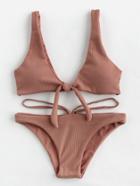 Shein Double Deep Plunge Bow Detail Ribbed Bikini Set