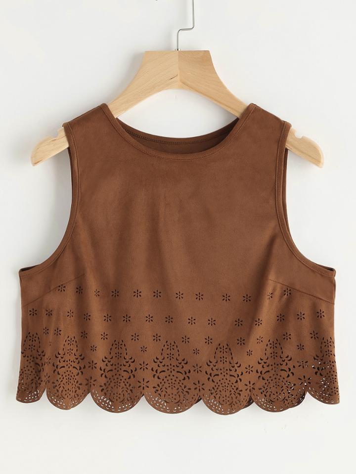 Shein Suede Laser Cut Out Scalloped Hem Tank Top