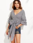 Shein Gingham V Neckline Ruched Sleeve Bow Tie Blouse