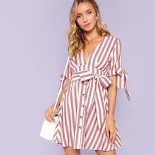 Shein Deep V Neck Button Detail Knot Dress