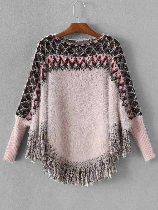 Shein Geometric Pattern Fringe Hem Poncho Sweater