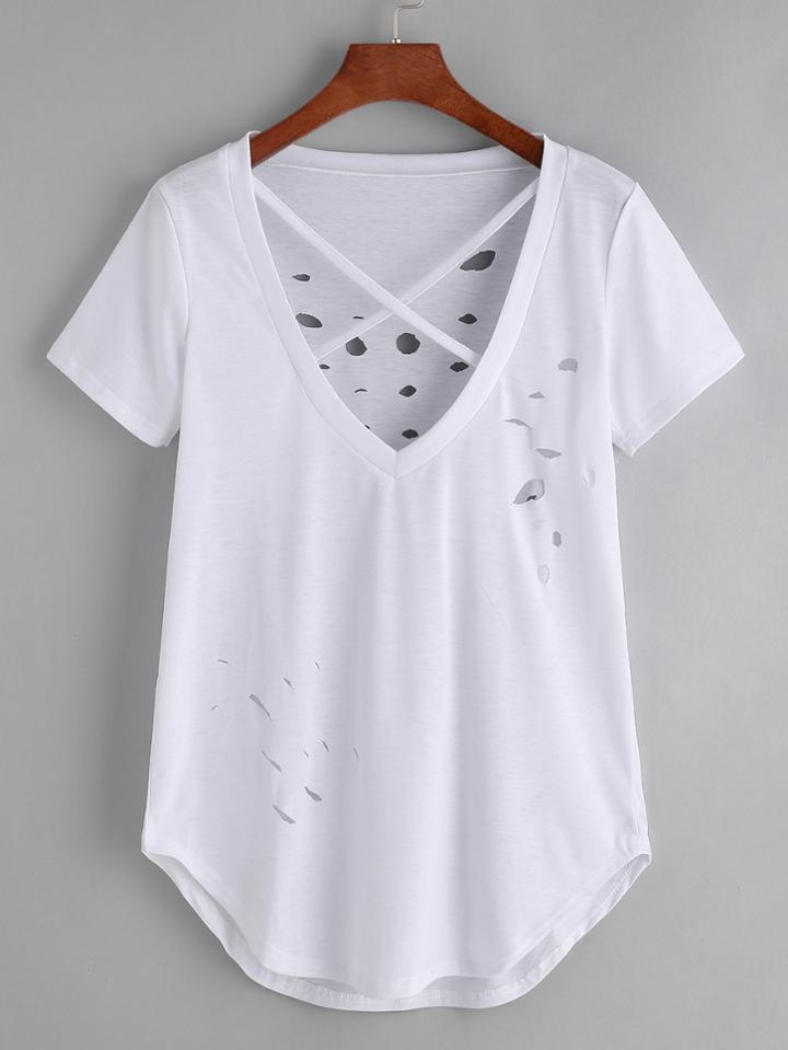 Shein Crisscross Front Cut Out Curved Hem Tee