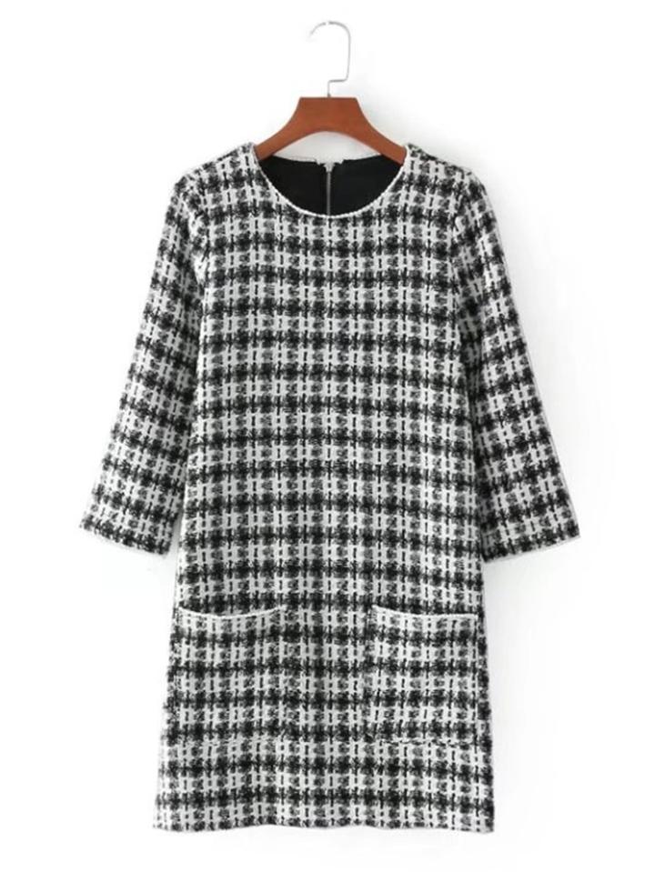 Shein Front Pocket Plaid Tweed Dress